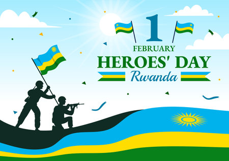 Rwanda Heroes Day Vector Illustration on February 1 with Rwandan Flag and Soldier Memorial who Struggled in National Holiday Cartoon Backgroundのイラスト素材