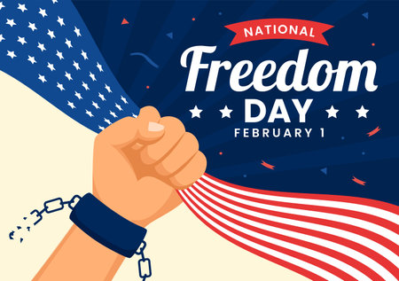 National Freedom Day Vector Illustration on 1 February with USA Flag and Hands in Handcuffs to Honoring all Who Served in Flat Backgroundのイラスト素材