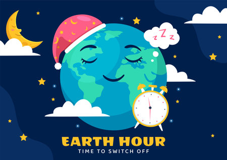 Happy Earth Hour Day Vector Illustration with Cloud, Light bulb, World Map and Time to Turn Off in Flat Cartoon Background Designのイラスト素材
