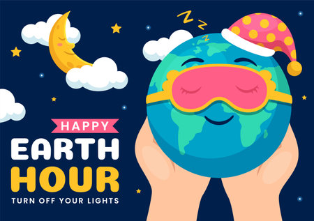 Happy Earth Hour Day Vector Illustration with Cloud, Light bulb, World Map and Time to Turn Off in Flat Cartoon Background Designのイラスト素材