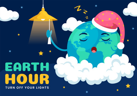 Happy Earth Hour Day Vector Illustration with Cloud, Light bulb, World Map and Time to Turn Off in Flat Cartoon Background Designのイラスト素材