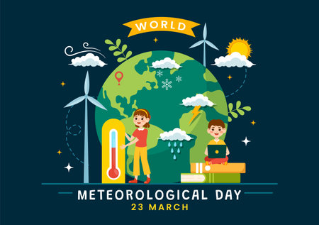 World Meteorological Day Vector Illustration on 23 March with Earth Map, Meteorology Science and Researching Weather in Flat Cartoon Backgroundのイラスト素材