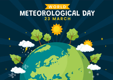 World Meteorological Day Vector Illustration on 23 March with Earth Map, Meteorology Science and Researching Weather in Flat Cartoon Backgroundのイラスト素材