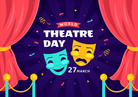 World Theatre Day Vector Illustration on March 27 with Mask and Red Curtains to Preserve Performing Arts and Entertainment in Flat Cartoon Backgroundのイラスト素材