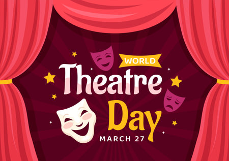 World Theatre Day Vector Illustration on March 27 with Mask and Red Curtains to Preserve Performing Arts and Entertainment in Flat Cartoon Backgroundのイラスト素材
