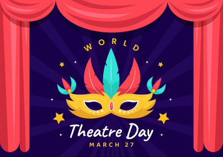 World Theatre Day Vector Illustration on March 27 with Mask and Red Curtains to Preserve Performing Arts and Entertainment in Flat Cartoon Backgroundのイラスト素材