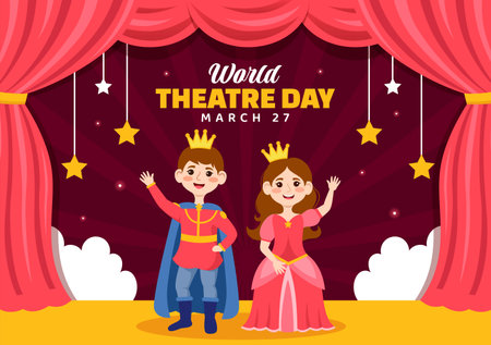 World Theatre Day Vector Illustration on March 27 with Mask and Red Curtains to Preserve Performing Arts and Entertainment in Flat Cartoon Backgroundのイラスト素材