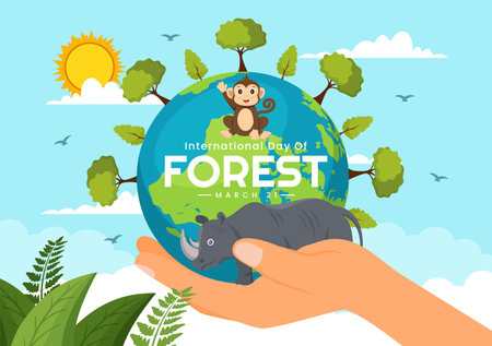 International Forest Day Vector Illustration on 21 March with Plants, Trees, Green Fields and Various Wildlife to Economic Forestry in Backgroundのイラスト素材