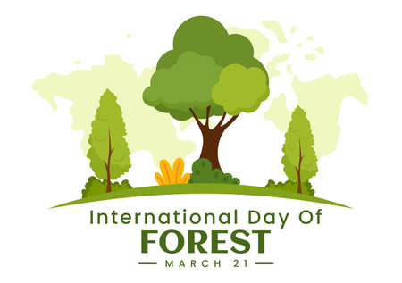International Forest Day Vector Illustration on 21 March with Plants, Trees, Green Fields and Various Wildlife to Economic Forestry in Backgroundのイラスト素材