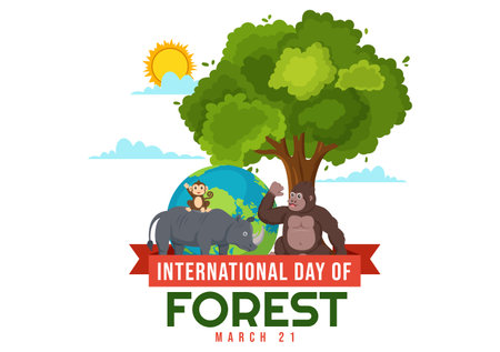 International Forest Day Vector Illustration on 21 March with Plants, Trees, Green Fields and Various Wildlife to Economic Forestry in Backgroundのイラスト素材