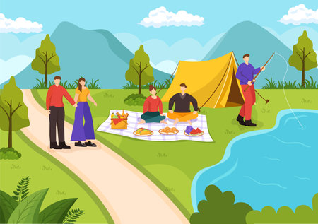 Outdoor Activity Vector Illustration with Relaxing on a Picnic, Leisure Activities at Weekend and Active Recreation in Flat Cartoon Background Designのイラスト素材