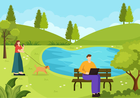 Outdoor Activity Vector Illustration with Relaxing on a Picnic, Leisure Activities at Weekend and Active Recreation in Flat Cartoon Background Designのイラスト素材