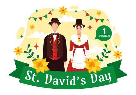 Happy St David's Day Vector Illustration on March 1 with Welsh Dragons and Yellow Daffodils in Celebration Holiday Flat Cartoon Background Designのイラスト素材