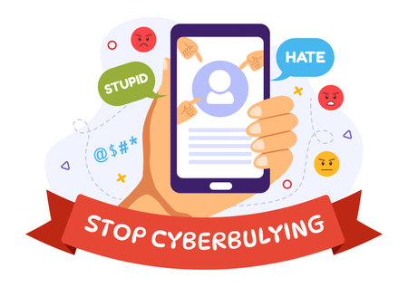 Stop Cyberbullying Vector Illustration of Haters Online with Bullying Internet, Trolling and Hate Speech in Flat Cartoon Background Designのイラスト素材