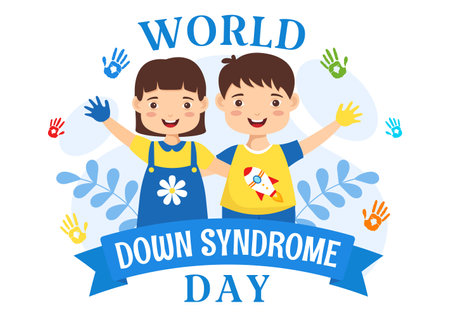 World Down Syndrome Day Vector Illustration on March 21 with Blue and Yellow Ribbon, Earth Map, Unpaired Socks and Kids in Flat Cartoon Backgroundのイラスト素材