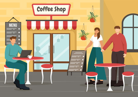 Coffee Shop Vector Illustration with Interior and Furniture Suitable for Poster or Advertisement in Flat Cartoon Background Designのイラスト素材