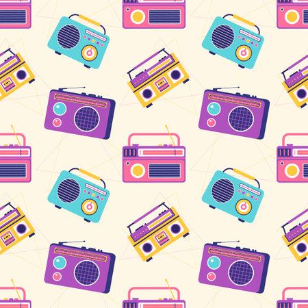 Radio Seamless Pattern Illustration Design with Player for Record and Listening to Music in Flat Cartoon Templateのイラスト素材