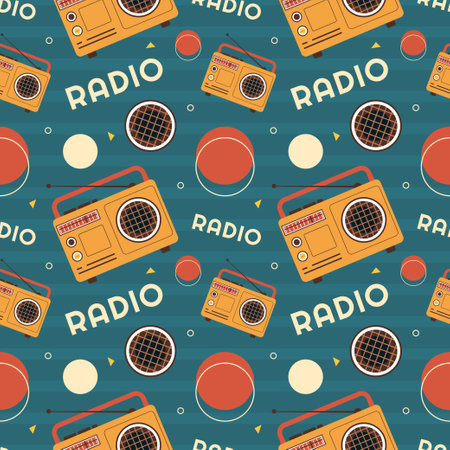 Radio Seamless Pattern Illustration Design with Player for Record and Listening to Music in Flat Cartoon Templateのイラスト素材