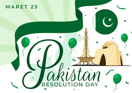 Happy Pakistan Resolution Day Vector Illustration on 23 March with Waving Flag and Landmarks in National Holiday Flat Cartoon Background Designのイラスト素材