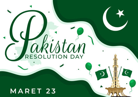 Happy Pakistan Resolution Day Vector Illustration on 23 March with Waving Flag and Landmarks in National Holiday Flat Cartoon Background Designのイラスト素材