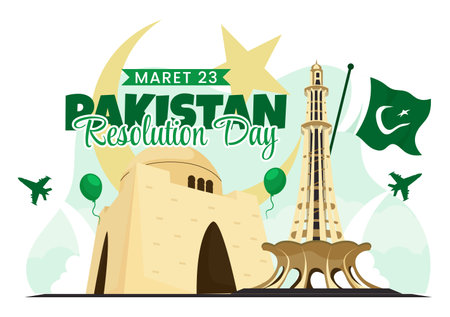 Happy Pakistan Resolution Day Vector Illustration on 23 March with Waving Flag and Landmarks in National Holiday Flat Cartoon Background Designのイラスト素材