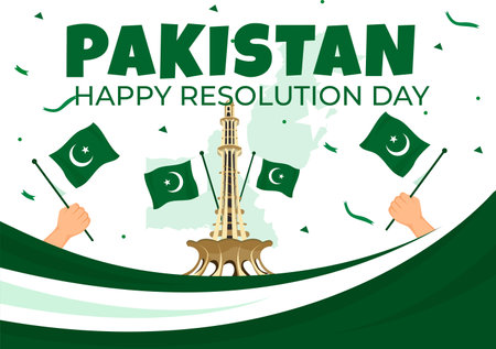 Happy Pakistan Resolution Day Vector Illustration on 23 March with Waving Flag and Landmarks in National Holiday Flat Cartoon Background Designのイラスト素材