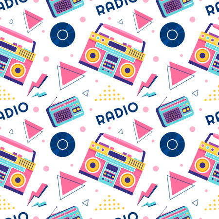 Radio Seamless Pattern Illustration Design with Player for Record and Listening to Music in Flat Cartoon Templateのイラスト素材
