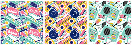 Set of Radio Seamless Pattern Illustration Design with Player for Record and Listening to Music in...
