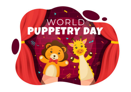 World Puppetry Day Vector Illustration on March 21 for Puppet Festivals which is moved by the Fingers Hands in Flat Kids Cartoon Background Designのイラスト素材