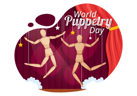 World Puppetry Day Vector Illustration on March 21 for Puppet Festivals which is moved by the Fingers Hands in Flat Kids Cartoon Background Designのイラスト素材