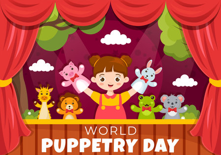 World Puppetry Day Vector Illustration on March 21 for Puppet Festivals which is moved by the Fingers Hands in Flat Kids Cartoon Background Designのイラスト素材