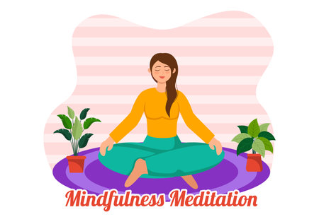 Mindfulness Meditation Vector Illustration of Person with Closed Eyes and Crossed Legs and Relaxation in Yoga Lotus Posture Flat Backgroundのイラスト素材