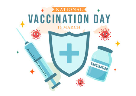 National Vaccination Day Vector Illustration on March 16 with Vaccine Syringe for Strong Immunity from Bacteria and Health Care in Flat Backgroundのイラスト素材