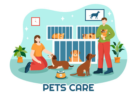 Pets Care Vector Illustration with Animal Shelter or Vet Clinic for Taking Care of Dog or Cat in Healthcare Flat Cartoon Background Designのイラスト素材
