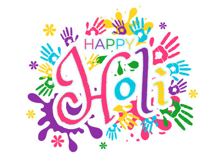 Happy Holi Festival Vector Illustration with Colorful Pot and Powder In Hindi in Colors Celebration Flat Cartoon Background Designのイラスト素材