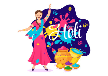 Happy Holi Festival Vector Illustration with Colorful Pot and Powder In Hindi in Colors Celebration Flat Cartoon Background Designのイラスト素材