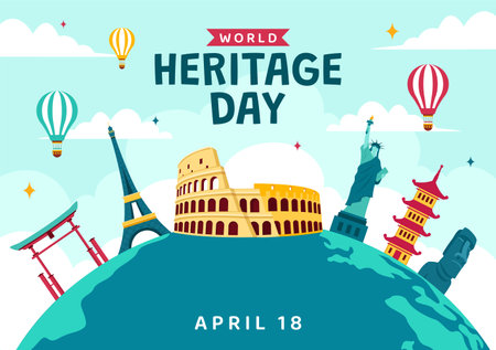 World Heritage Day Vector Illustration on 18 April for Commemorative Monuments and Sites from Various Countries in Flat Backgroundのイラスト素材