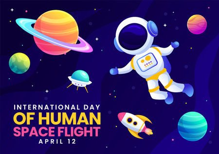 International Day of Human Space Flight Vector Illustration on 12 April with Astronaut Standing on the Moon, Transmitter Satellites and Planetsのイラスト素材
