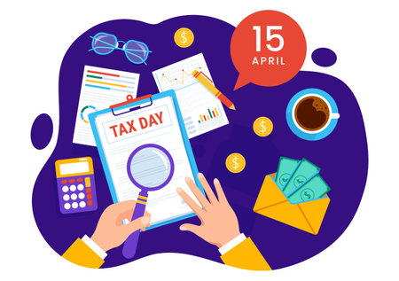 Happy Tax Day Vector Illustration on 15 April with Clipboard Tax Form, Clock, Pen, Coins Money and Paper Document to Pay the bills in Flat Backgroundのイラスト素材