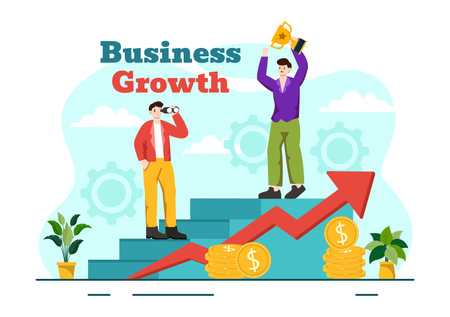 Business Growth Vector Illustration with Arrow Target Direction Up, Increase Profits, Boost and Idea Planning Money Increasing in Flat Backgroundのイラスト素材