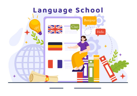 Language School Vector Illustration of Online Learning, Courses, Training Program and Study Foreign Hallo Languages Abroad in Flat Backgroundのイラスト素材