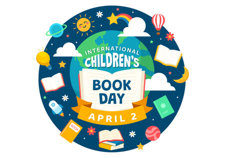 International Children's Book Day Vector Illustration on 2 April with Kids Reading a Books and Globe Map in Flat Cartoon Background Designのイラスト素材
