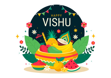 Happy Vishu Festival Vector Illustration with Krishna,Traditional Kerala Kani, Fruits and Vegetables in National Holiday Flat Cartoon Backgroundのイラスト素材