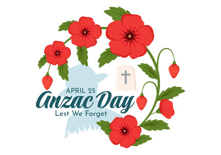 Anzac Day of Lest We Forget Vector Illustration on 25 April with Remembrance Soldier Paying Respect and Red Poppy Flower in Flat Cartoon Backgroundのイラスト素材