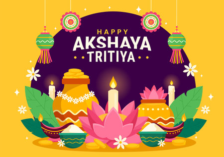 Akshaya Tritiya Festival Vector Illustration with a Golden Kalash, Candle, Pot and Gold Coins for Dhanteras Celebration in Traditional Hindu Holidayのイラスト素材