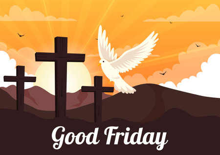 Happy Good Friday Vector Illustration with Christian Holiday of Jesus Christ Crucifixion and Pigeons in Flat Cartoon Background Designのイラスト素材