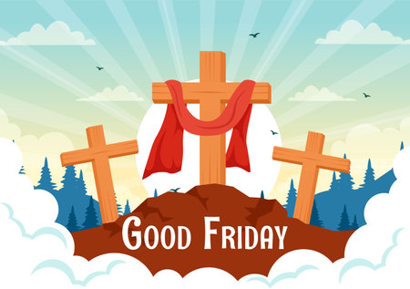 Happy Good Friday Vector Illustration with Christian Holiday of Jesus Christ Crucifixion and Pigeons in Flat Cartoon Background Designのイラスト素材