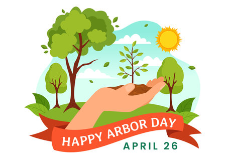 Happy Arbor Day Vector Illustration with Planting a Tree, Plant, Garden Tools and Nature Environment in Flat Kids Cartoon Backgroundのイラスト素材