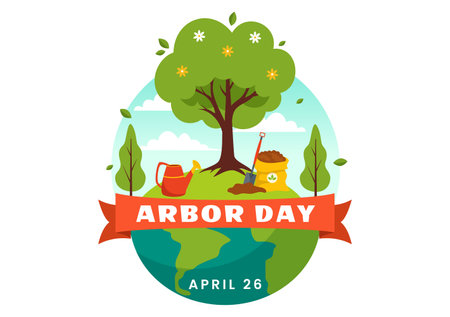 Happy Arbor Day Vector Illustration with Planting a Tree, Plant, Garden Tools and Nature Environment in Flat Kids Cartoon Backgroundのイラスト素材