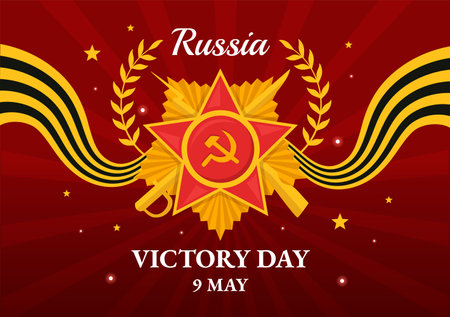 Russia Victory Day Vector Illustration on May 9 with Medal Star Of The Hero, Great Patriotic War and Ribbon Yellow Black Color in Flat Backgroundのイラスト素材